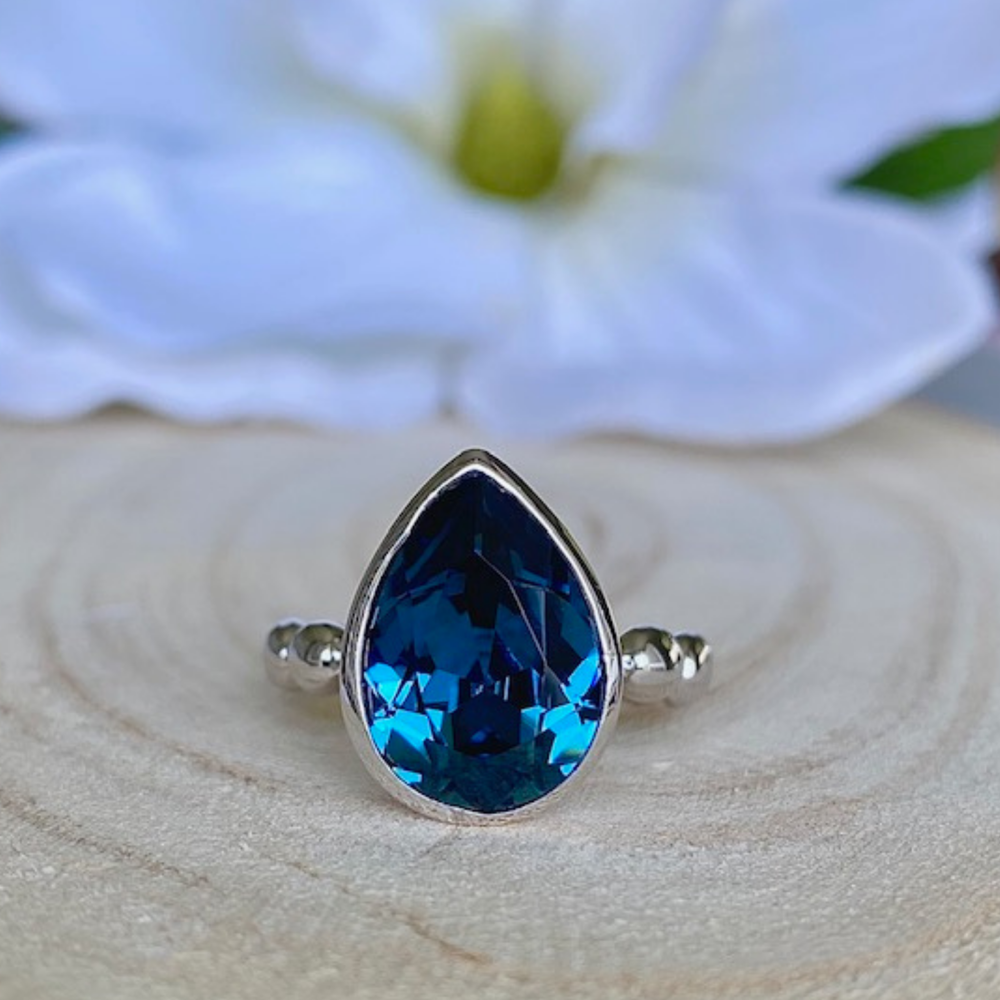 Pear Crystal Ring - Montana Blue